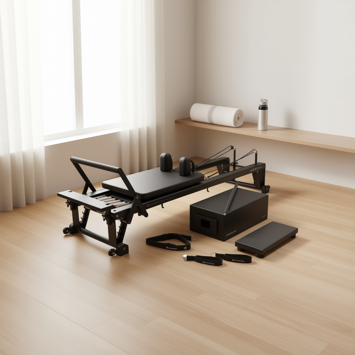 Merrithew V2 Max Reformer Bundle with a box and straps laid out in a bright studio