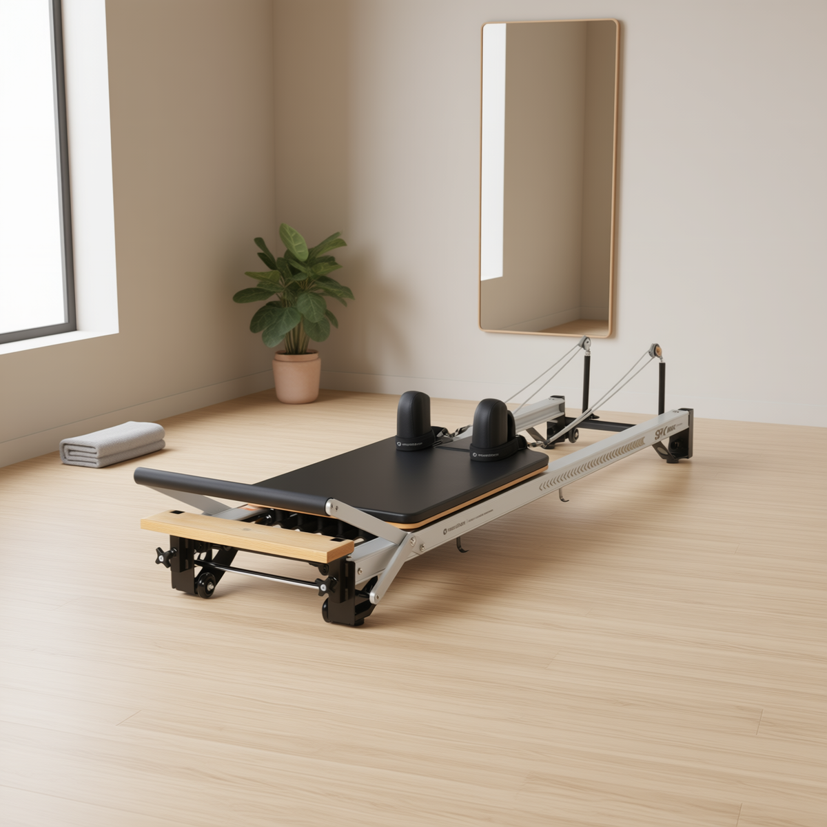 Merrithew SPX Max Reformer Bundle in a bright, empty studio room with a plant