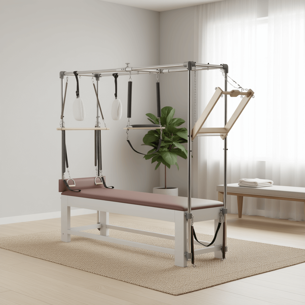Elina Pilates Classic Aluminium Cadillac with burgundy upholstery in a bright studio with a plant