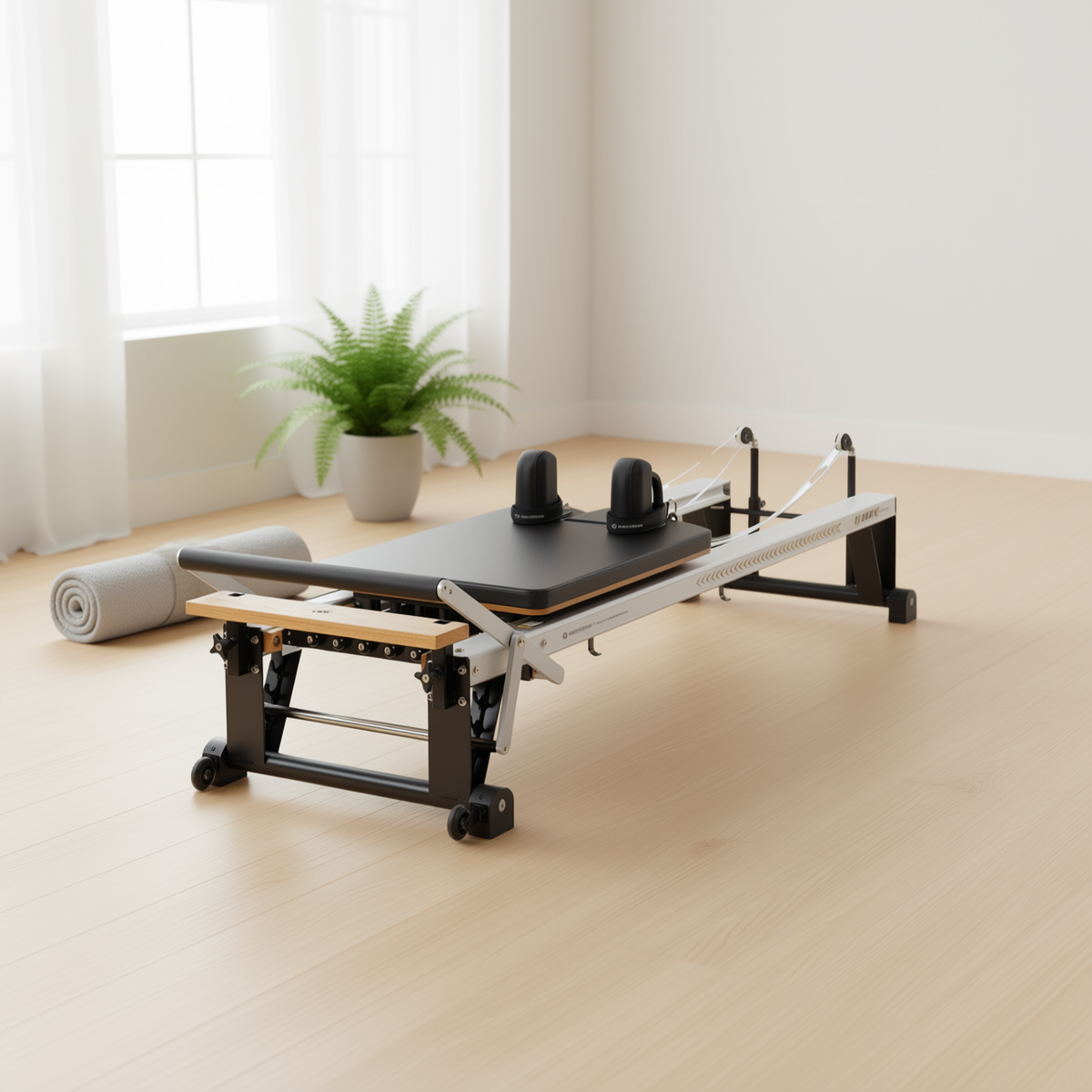 Merrithew V2 Max Reformer Bundle in a bright studio with a plant and foam roller