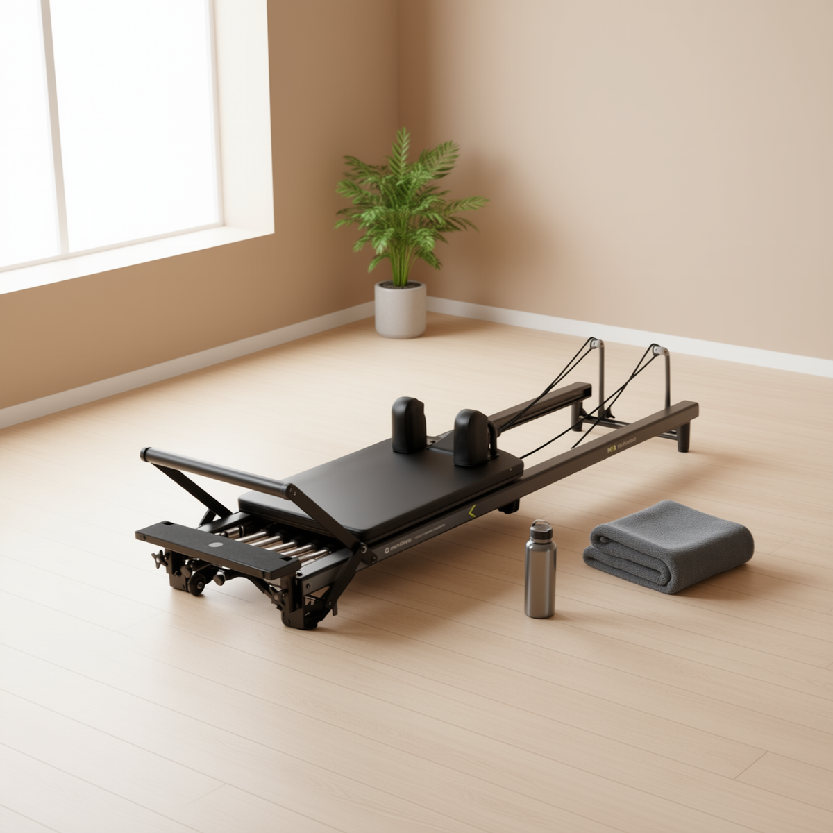 Merrithew MPX Reformer Package with a black frame, box and water bottle in a bright, plant-filled room
