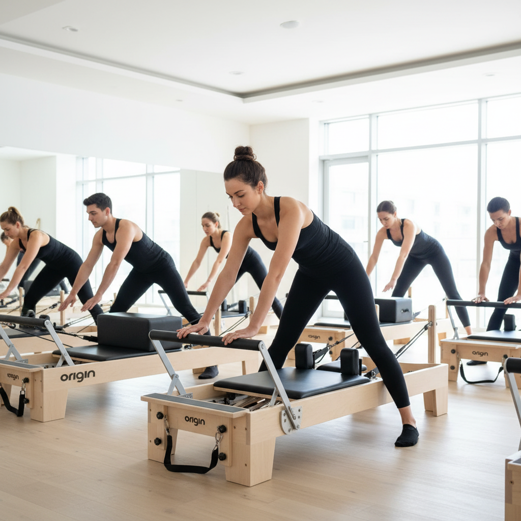 Group class using Origin Maple Reformer Pilates machines in a bright studio