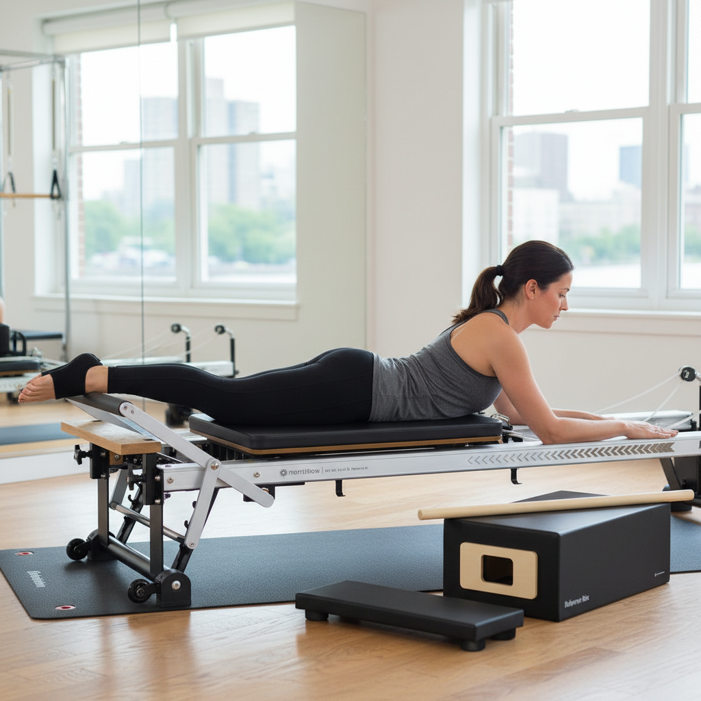Woman exercising on the Merrithew V2 Max Reformer Bundle with a reformer box beside it