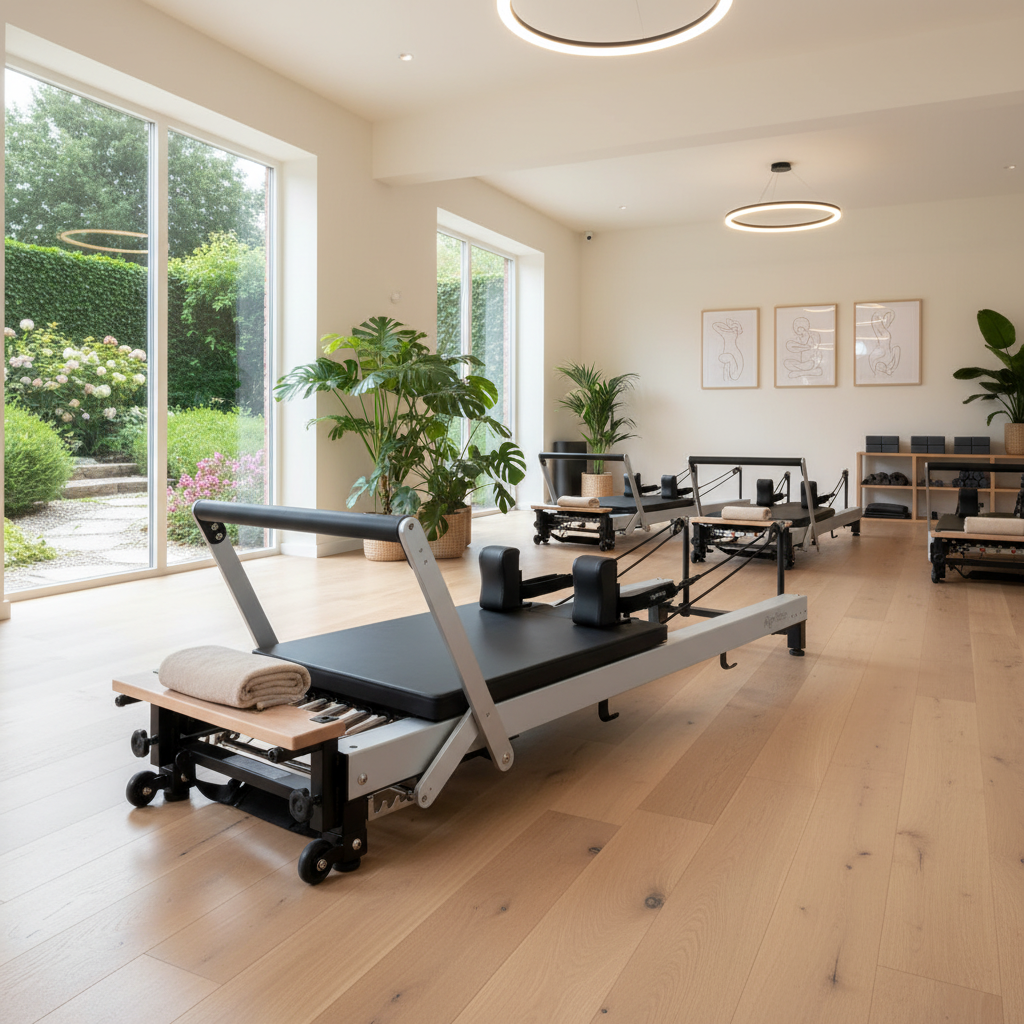 Align C8 Series commercial Pilates reformer with a black frame in a bright studio overlooking a garden