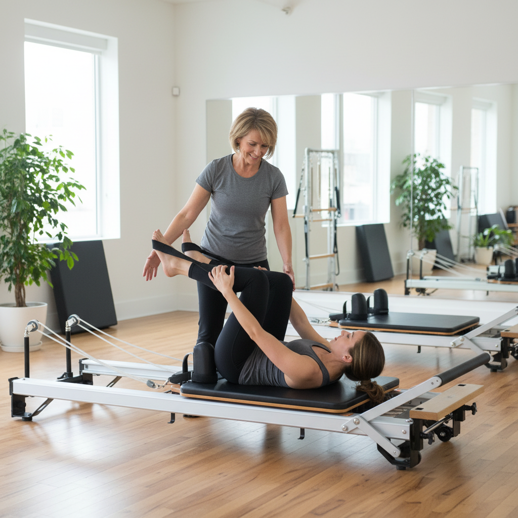 Instructor guiding a client on the Merrithew SPX Max Reformer Bundle in a bright studio
