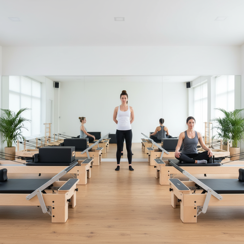 Instructor and clients in a studio with several Align-Pilates M8-Pro Maple Wood Pilates Reformers