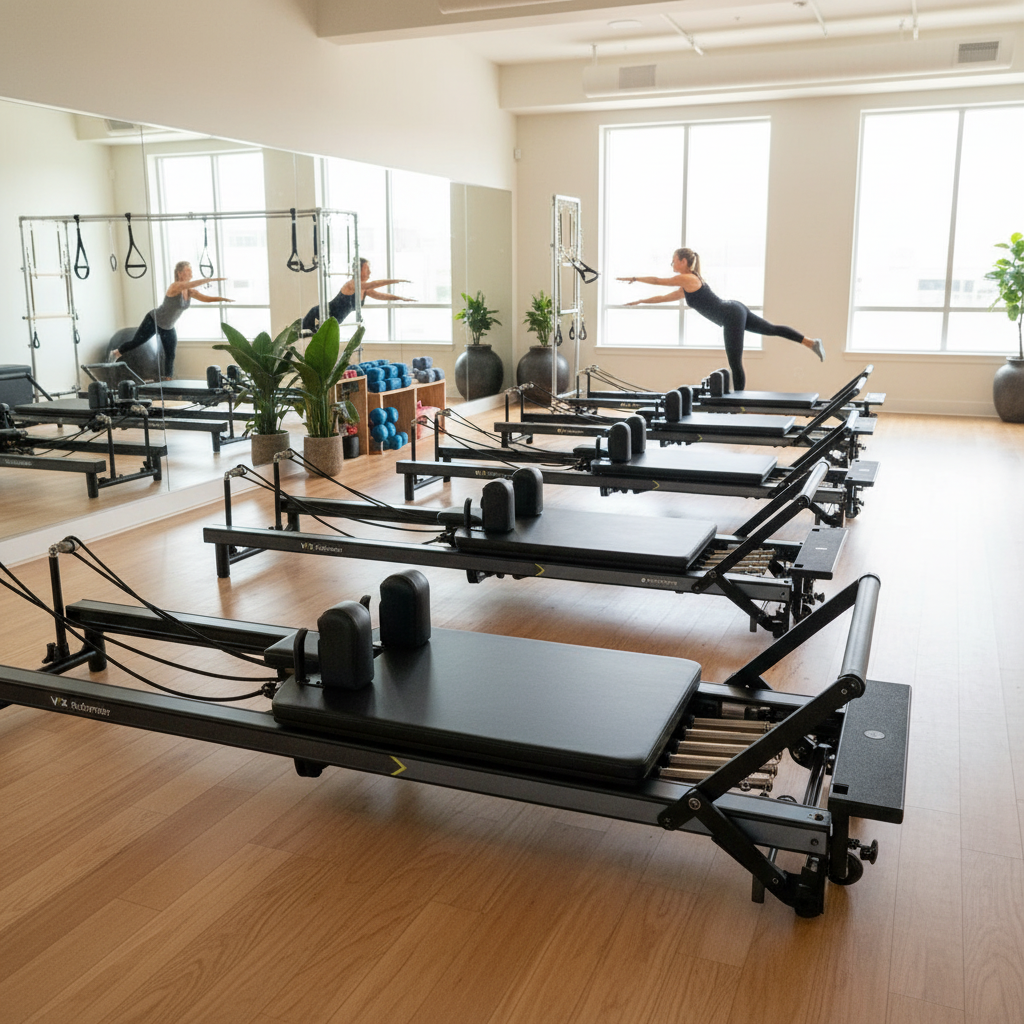 Merrithew MPX Reformer Package set up in a bright studio with several reformers in use