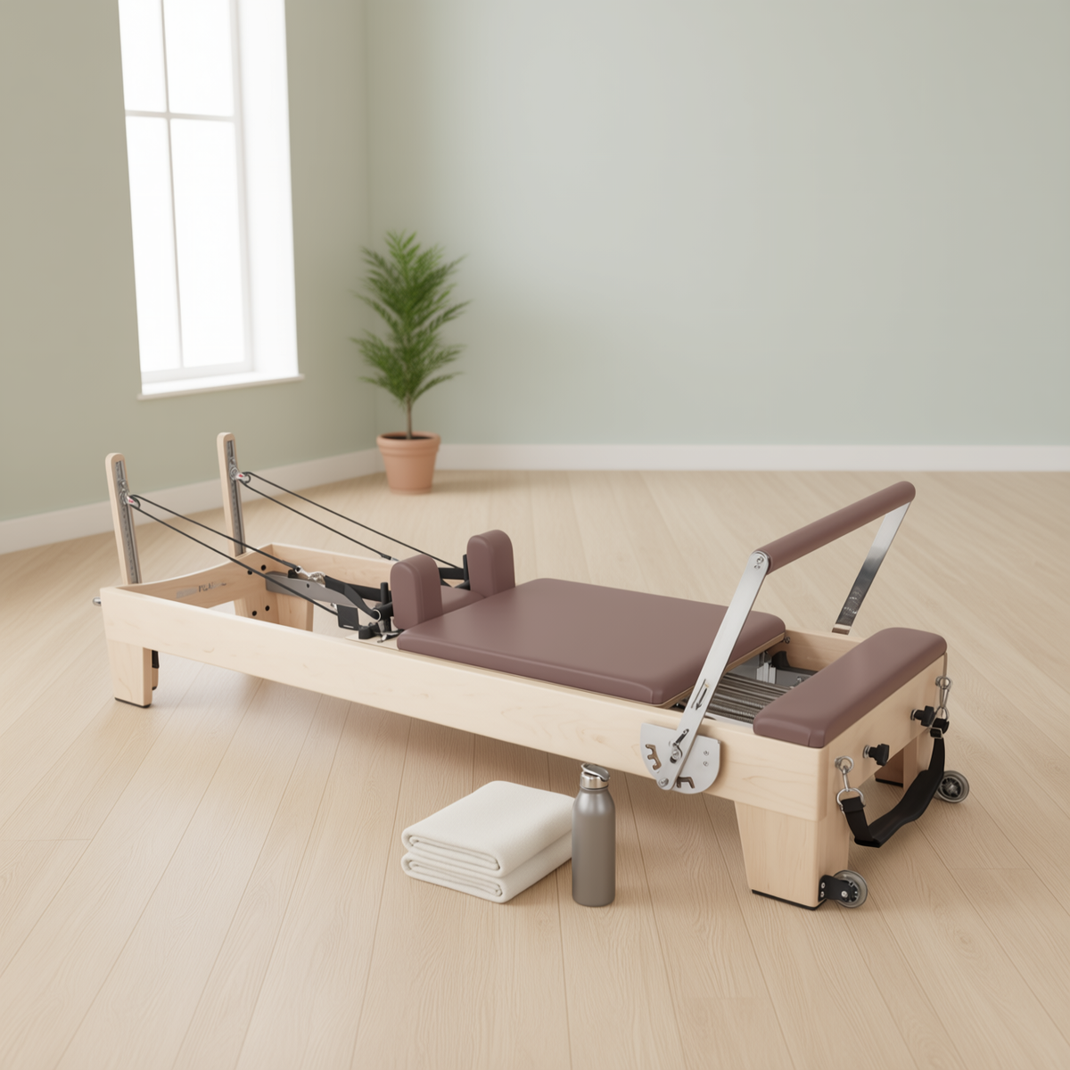Elina Pilates Elite Reformer with brown upholstery in a bright studio beside a plant