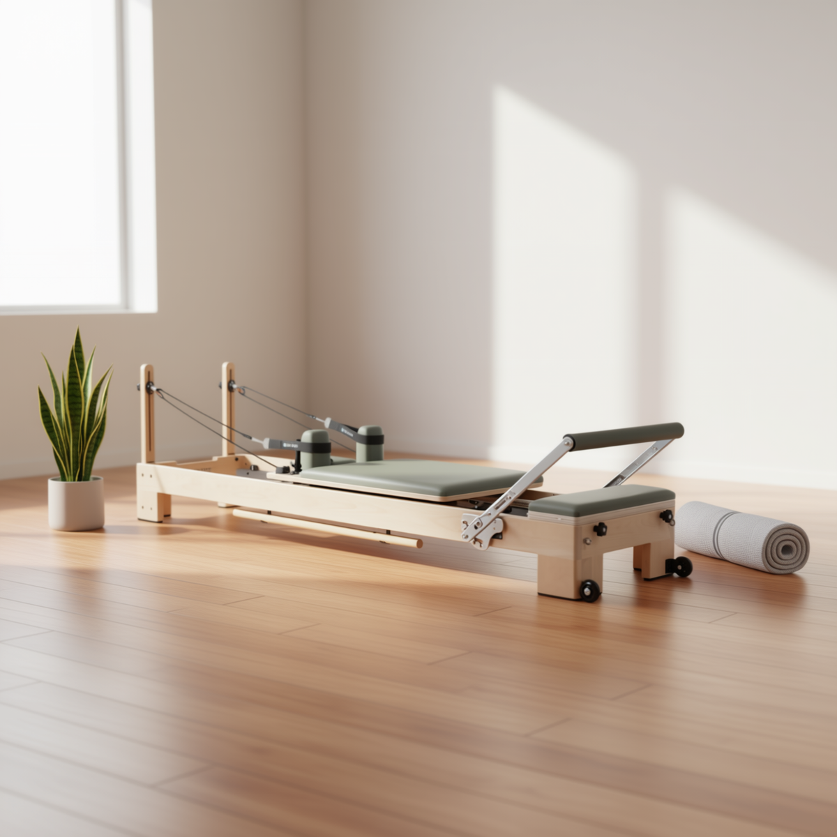 Elina Pilates Lignum Reformer with sage upholstery on a wooden floor beside a plant