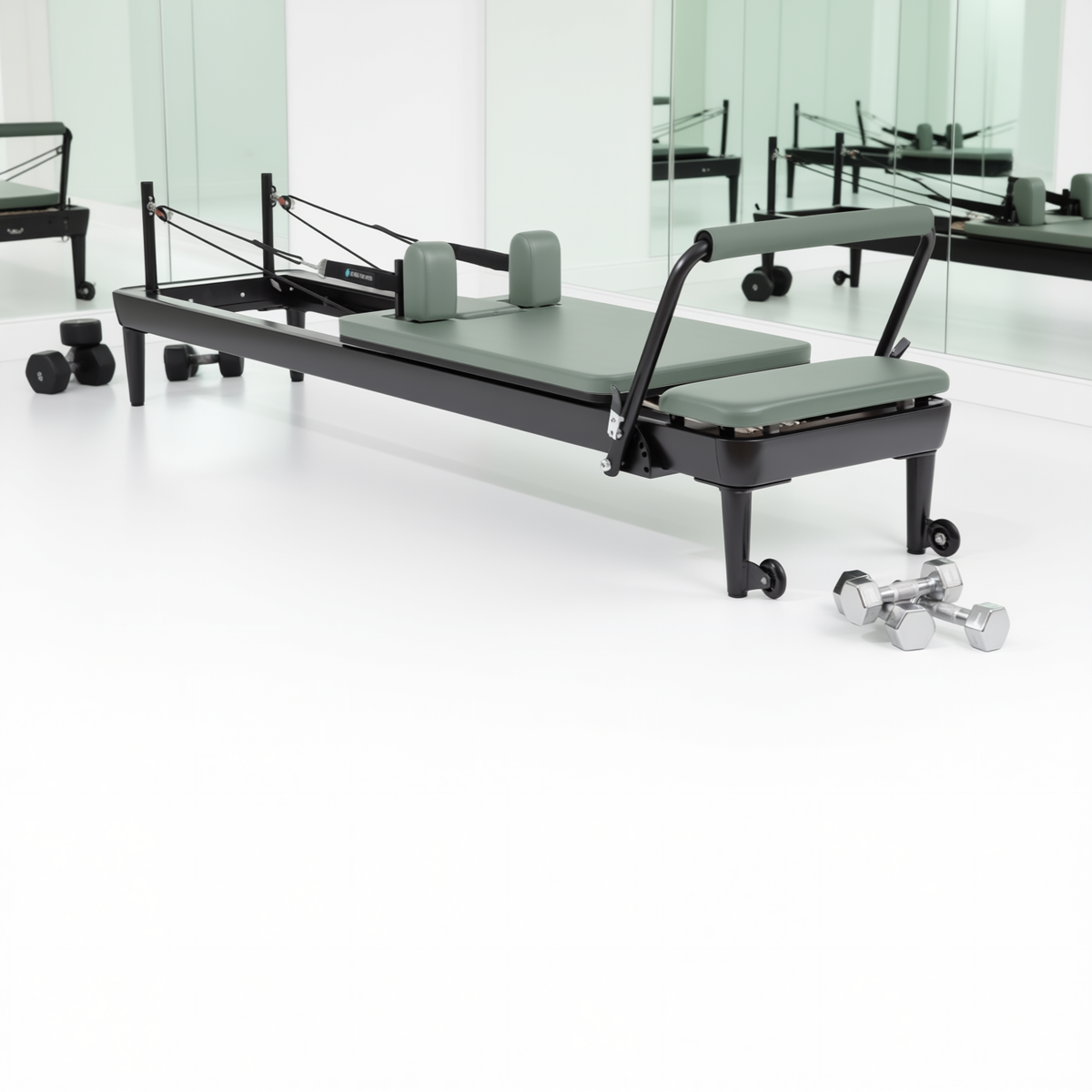Elina Pilates Nubium Reformer with black frame and sage upholstery in a bright white studio with hand weights