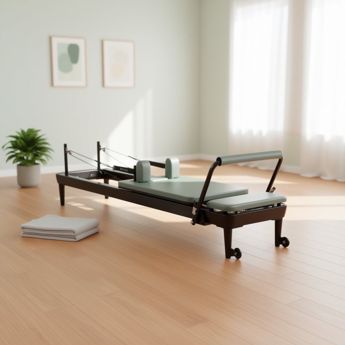 Black Elina Pilates Nubium Reformer with sage upholstery in a bright studio with a plant and wooden floor