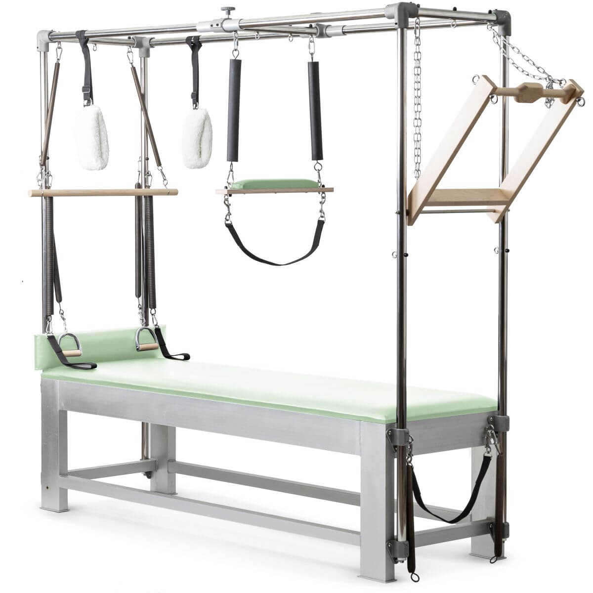 Elina Pilates Classic Aluminium Cadillac with mint green upholstery, front view of the trapeze frame
