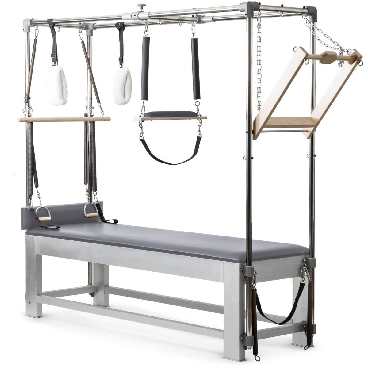 Elina Pilates Classic Aluminium Cadillac with slate grey upholstery, front view of the trapeze frame