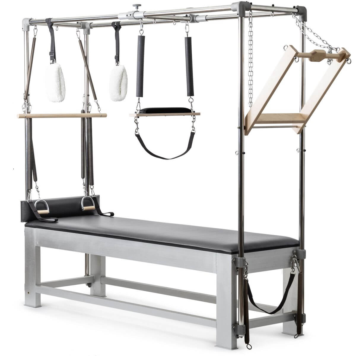 Elina Pilates Classic Aluminium Cadillac with black upholstery, front view of the trapeze frame