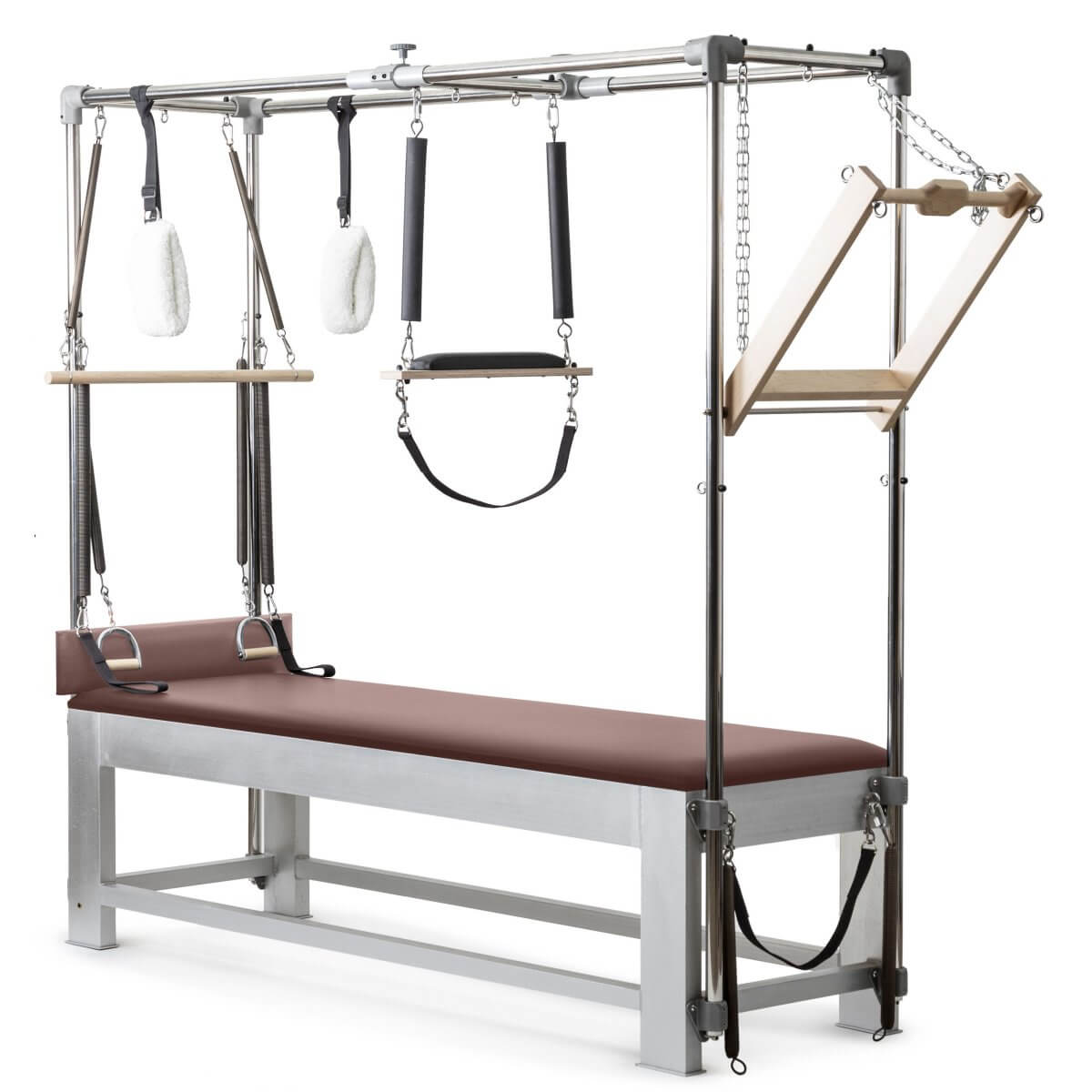 Elina Pilates Classic Aluminium Cadillac with burgundy upholstery, front view of the trapeze frame