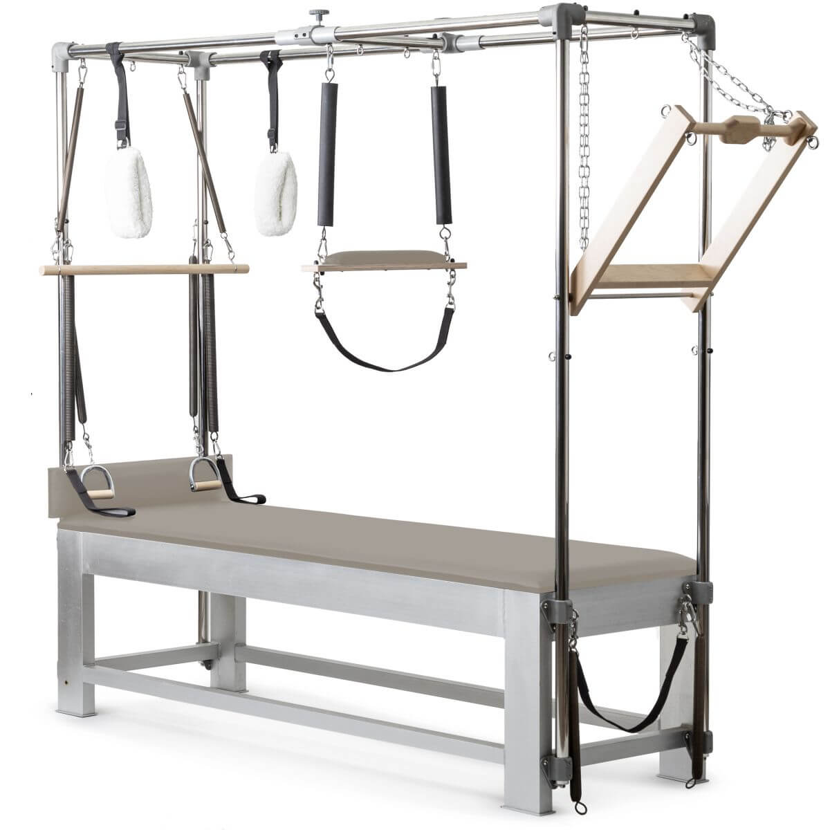Elina Pilates Classic Aluminium Cadillac with taupe upholstery, front view of the trapeze frame