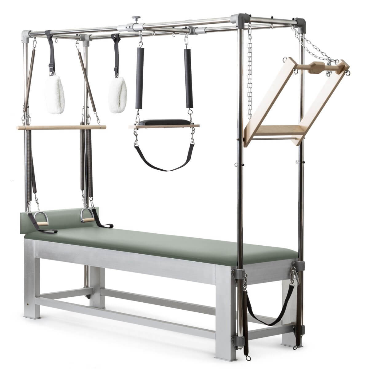 Elina Pilates Classic Aluminium Cadillac with olive green upholstery, front view of the trapeze frame