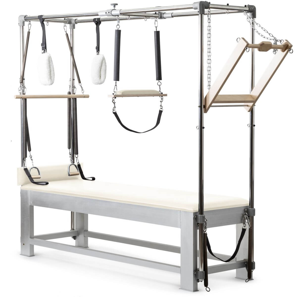 Elina Pilates Classic Aluminium Cadillac with cream upholstery, front view of the trapeze frame