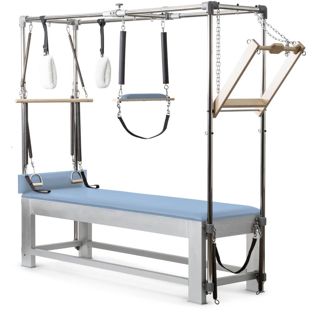 Elina Pilates Classic Aluminium Cadillac with light blue upholstery, front view of the trapeze frame