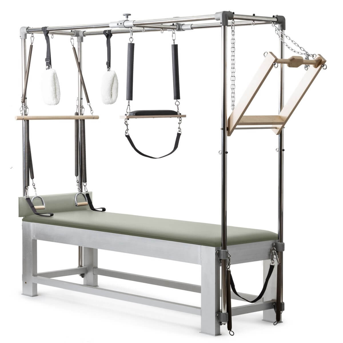 Elina Pilates Classic Aluminium Cadillac with sage green upholstery, front view of the trapeze frame
