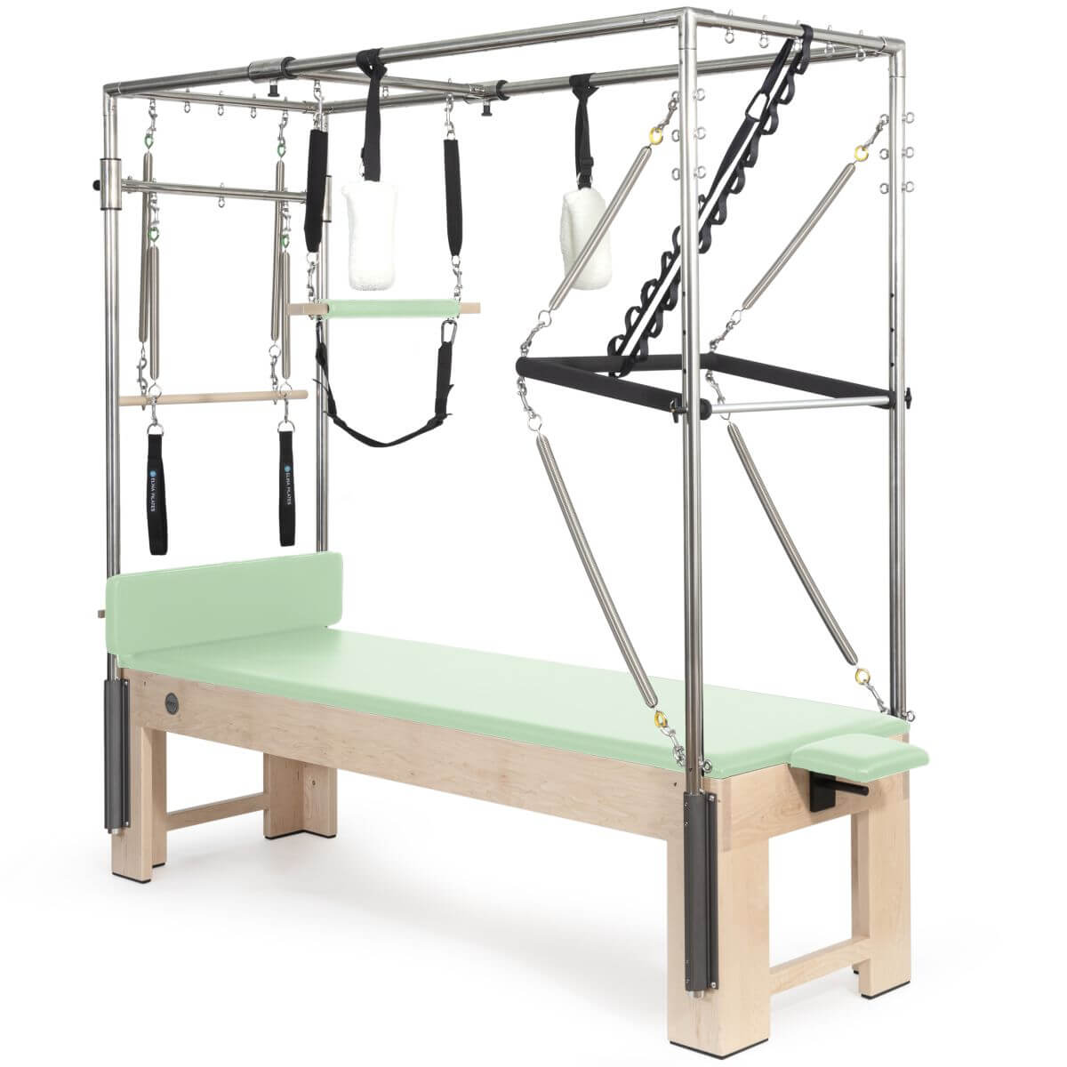 Elina Pilates Wooden Cadillac with mint green upholstery and trapeze frame, angled view