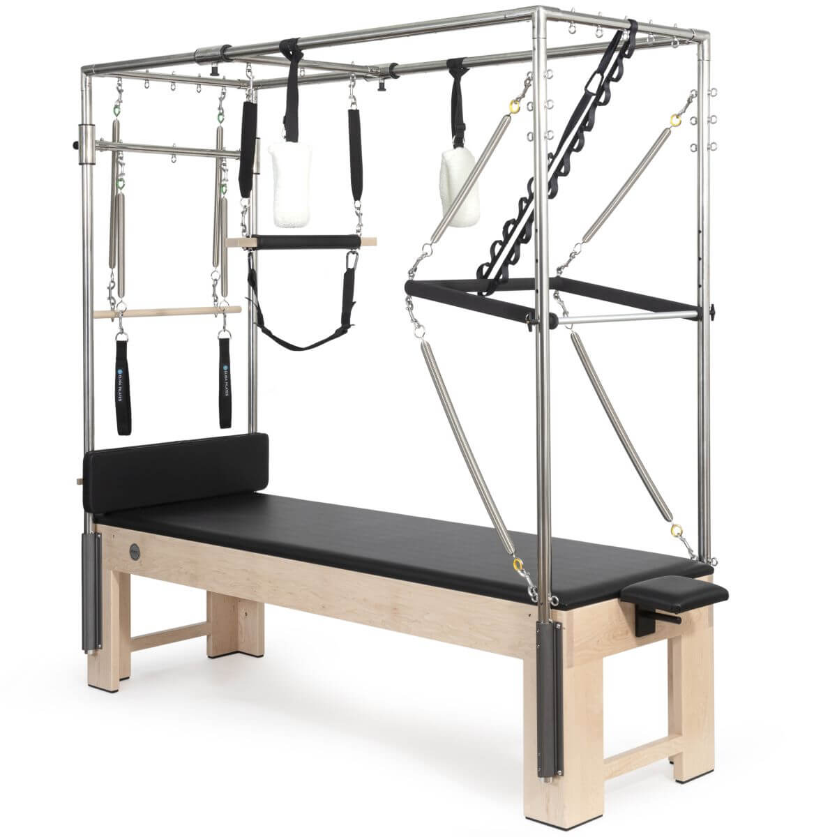 Elina Pilates Wooden Cadillac with black upholstery and trapeze frame, angled view