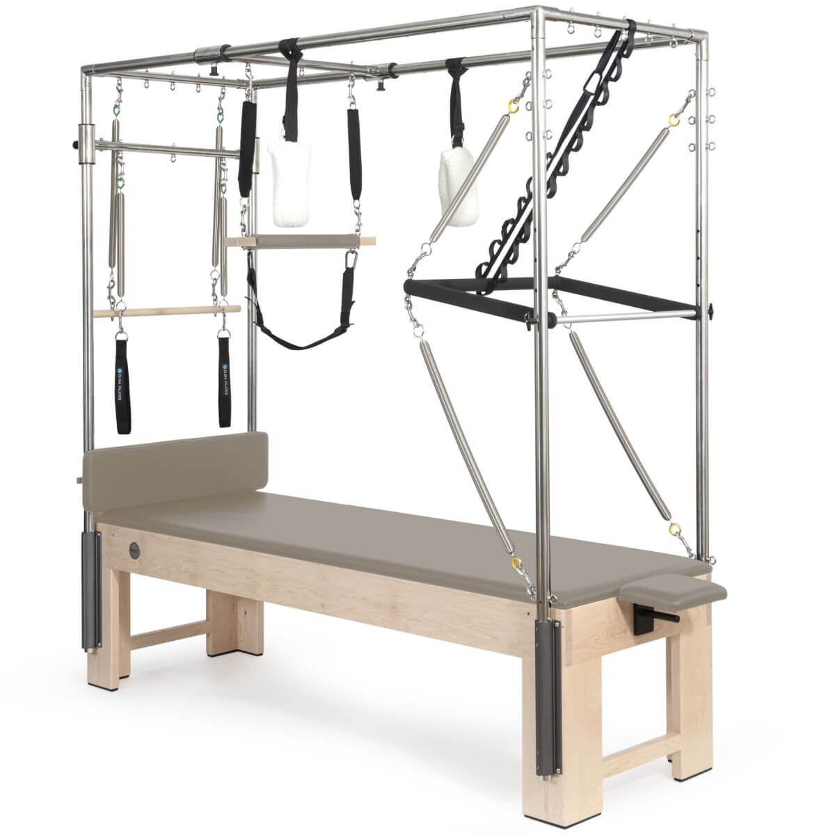 Elina Pilates Wooden Cadillac with taupe upholstery and trapeze frame, angled view