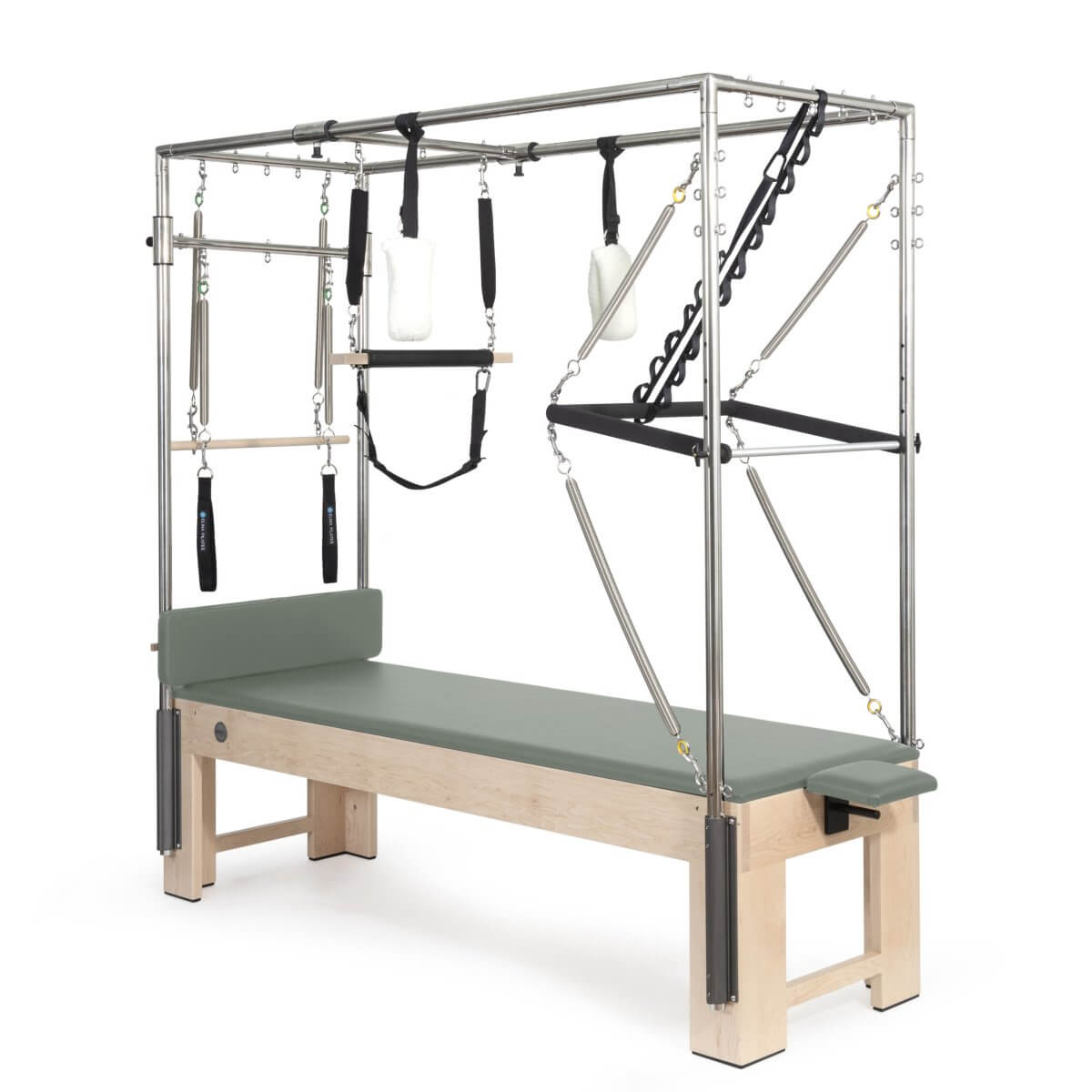 Elina Pilates Wooden Cadillac with sage green upholstery and trapeze frame, angled view