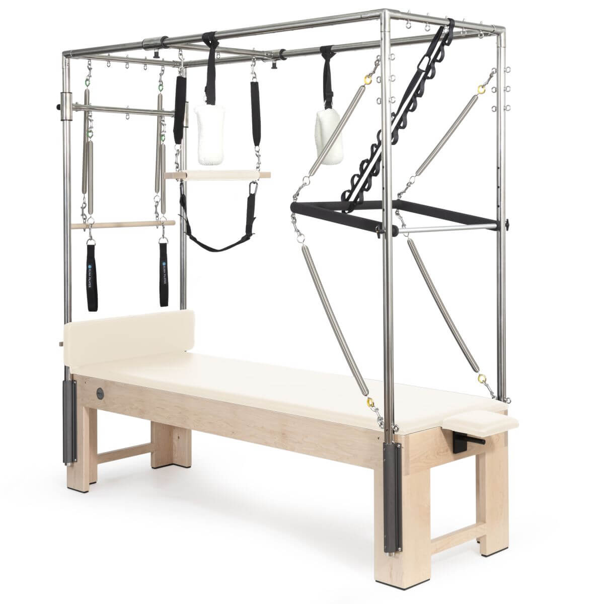 Elina Pilates Wooden Cadillac with cream upholstery and trapeze frame, angled view