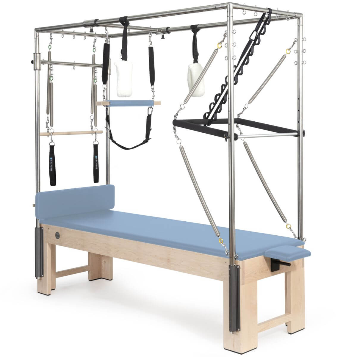 Elina Pilates Wooden Cadillac with light blue upholstery and trapeze frame, angled view