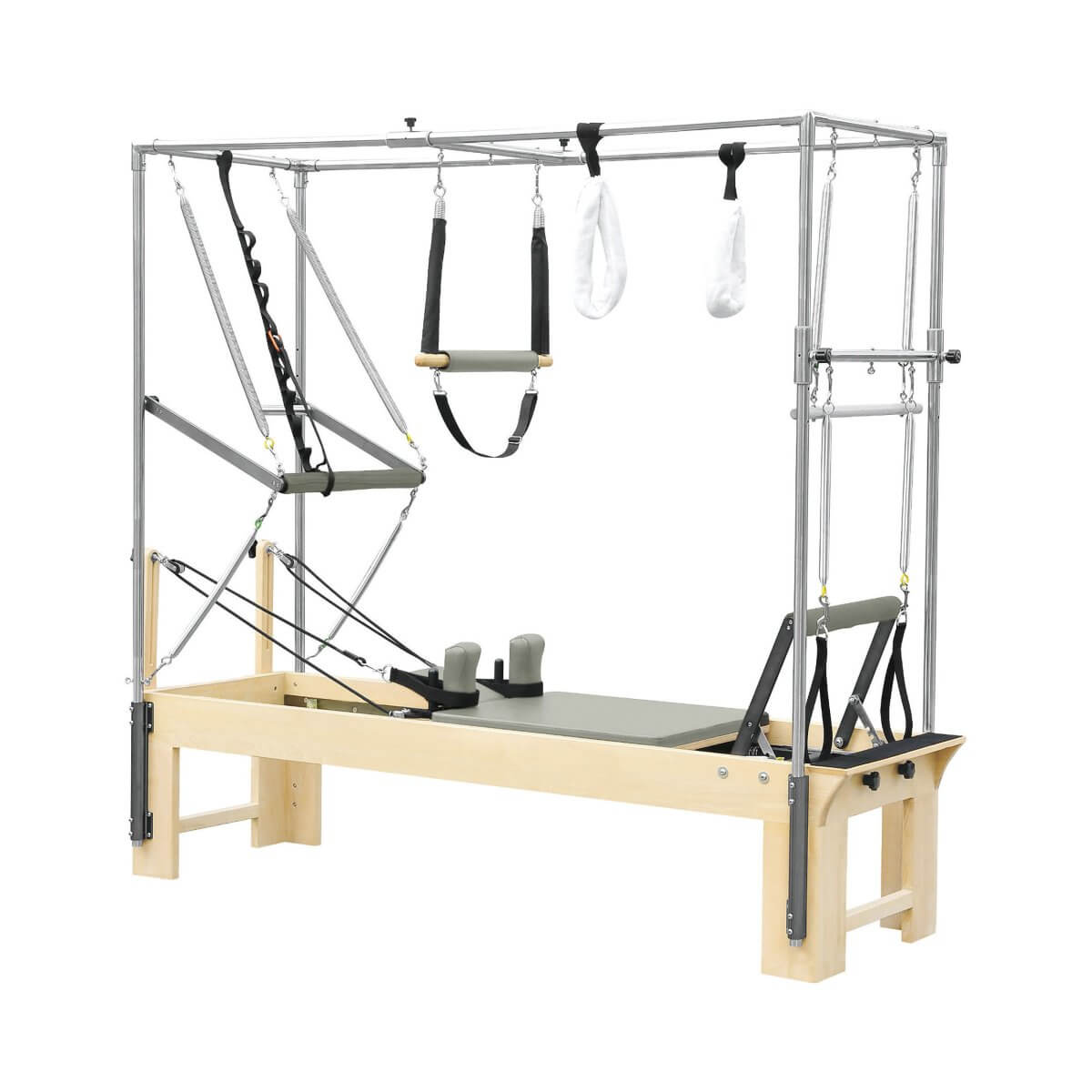 Elina Pilates Cadillac Reformer with olive green upholstery and trapeze frame, side view