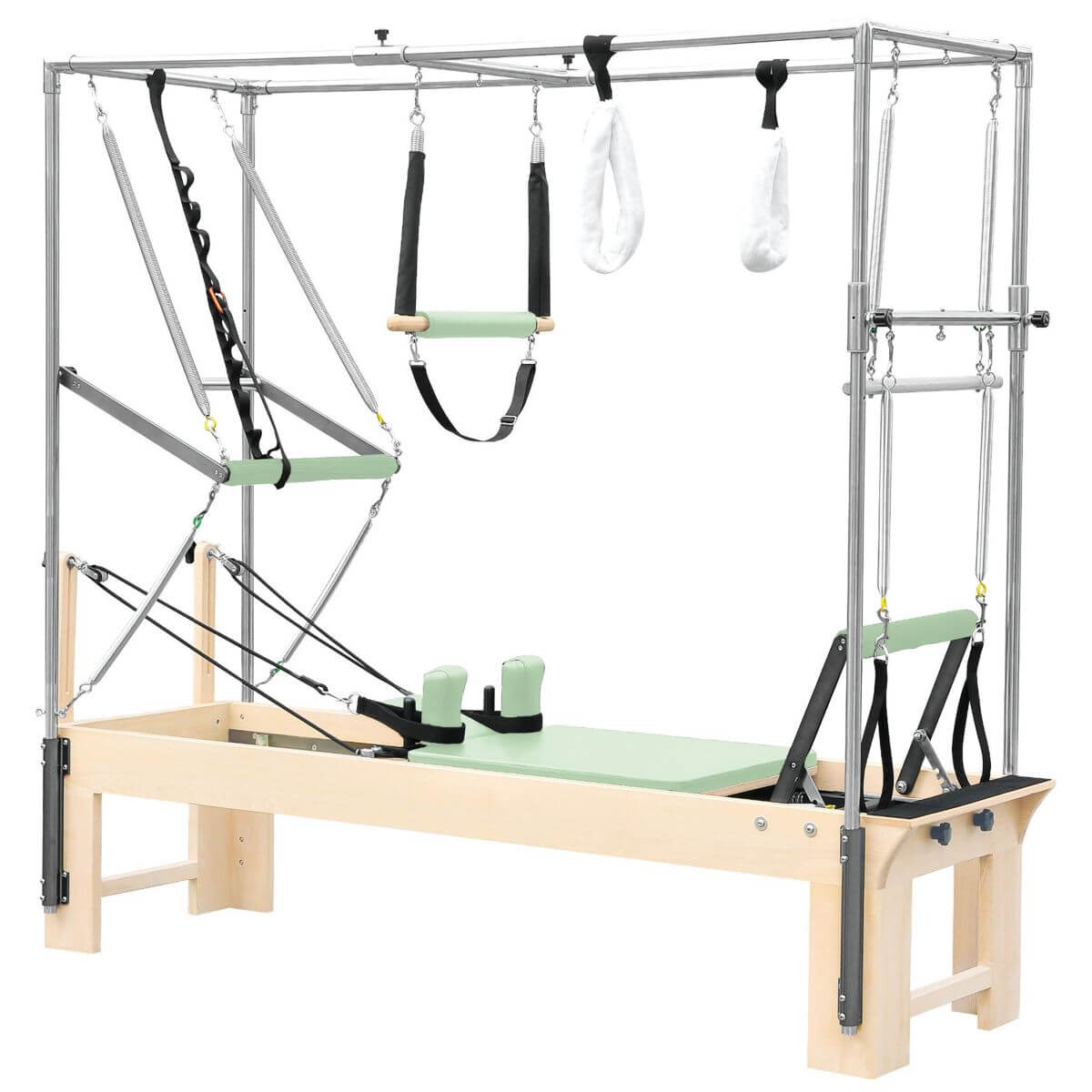 Elina Pilates Cadillac Reformer with mint green upholstery and trapeze frame, side view