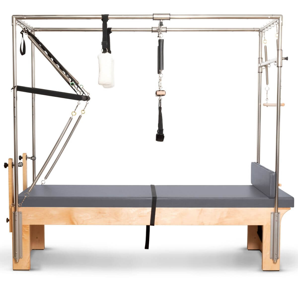 Front view of the Elina Pilates Cadillac Reformer with trapeze frame and grey upholstery
