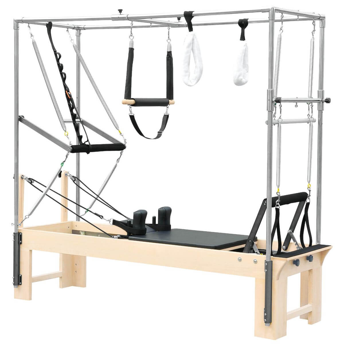Elina Pilates Cadillac Reformer with black upholstery and trapeze frame, side view