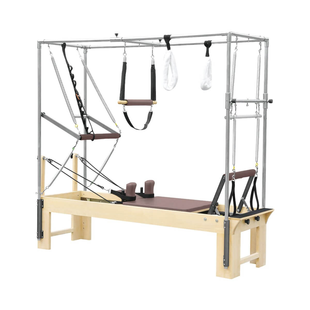 Elina Pilates Cadillac Reformer with brown upholstery and trapeze frame, side view