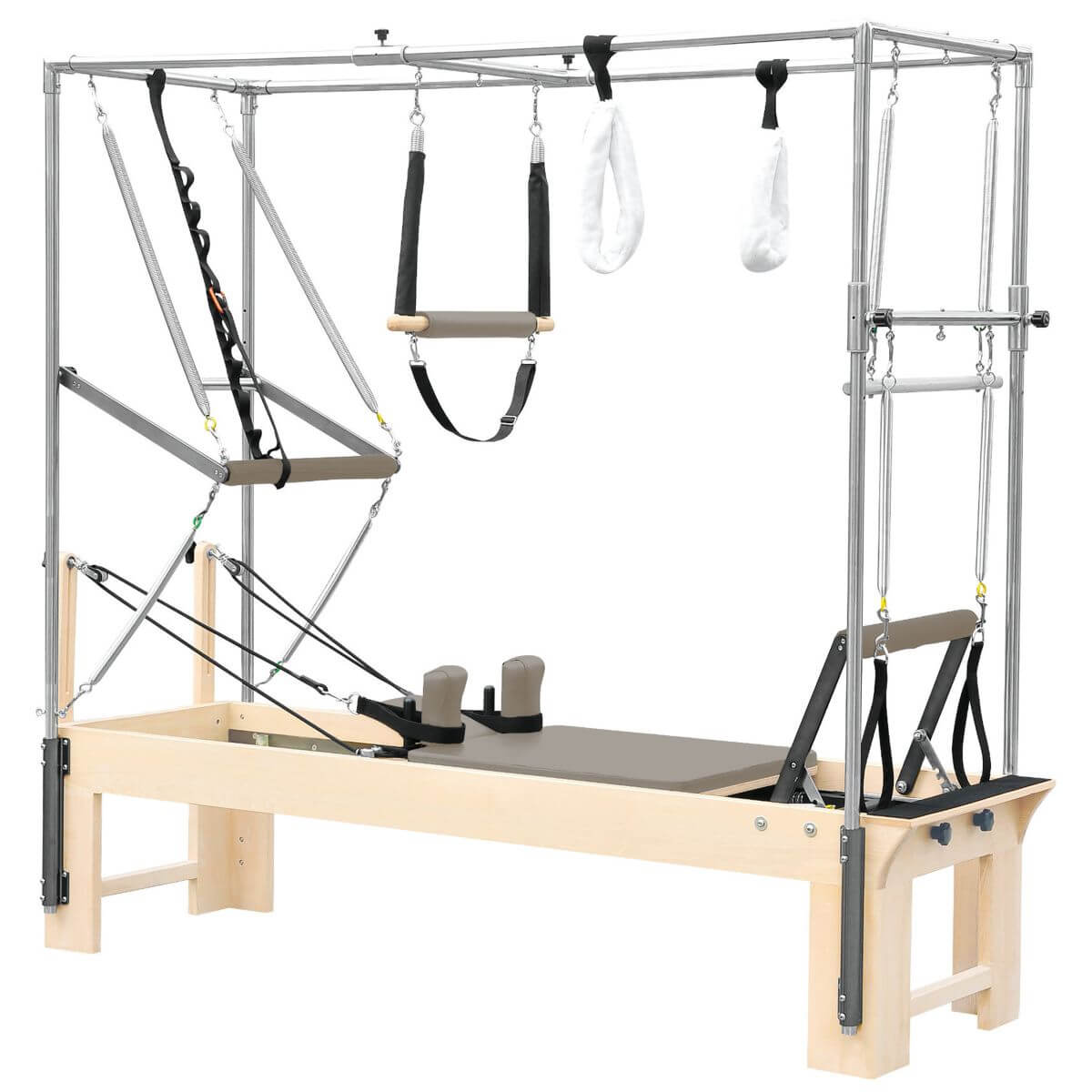 Elina Pilates Cadillac Reformer with taupe upholstery and trapeze frame, side view