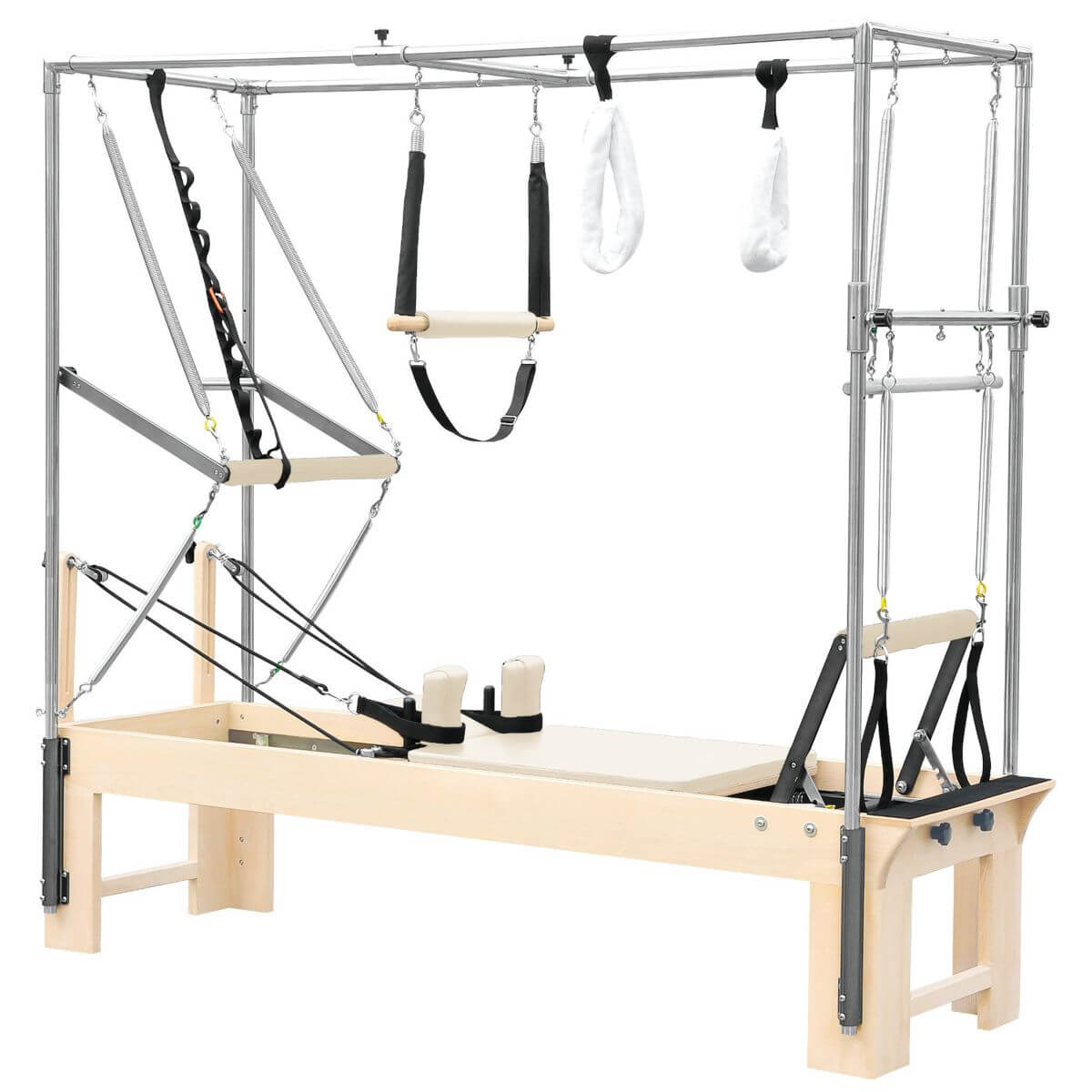 Elina Pilates Cadillac Reformer with cream upholstery and trapeze frame, side view