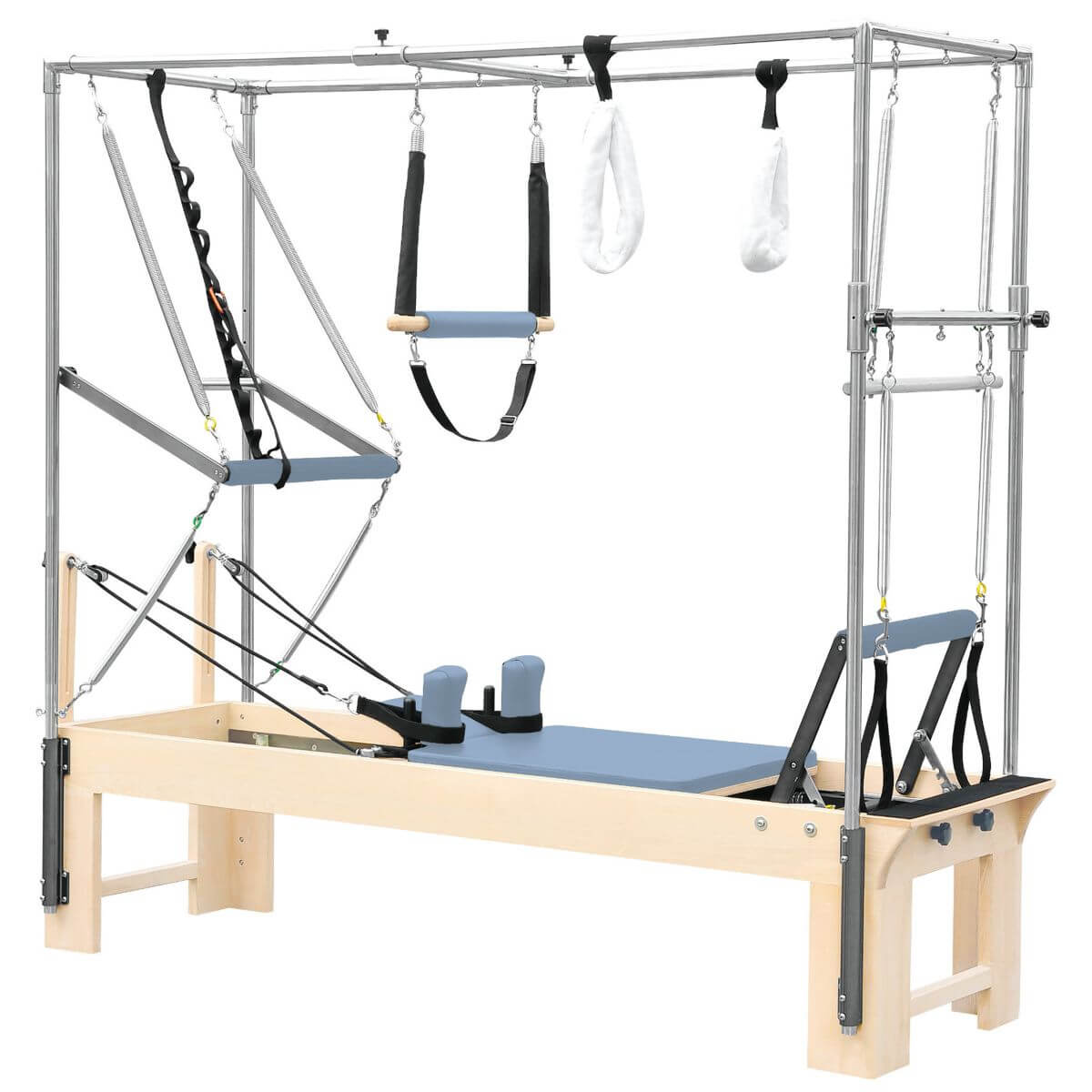 Elina Pilates Cadillac Reformer with blue upholstery and trapeze frame, side view