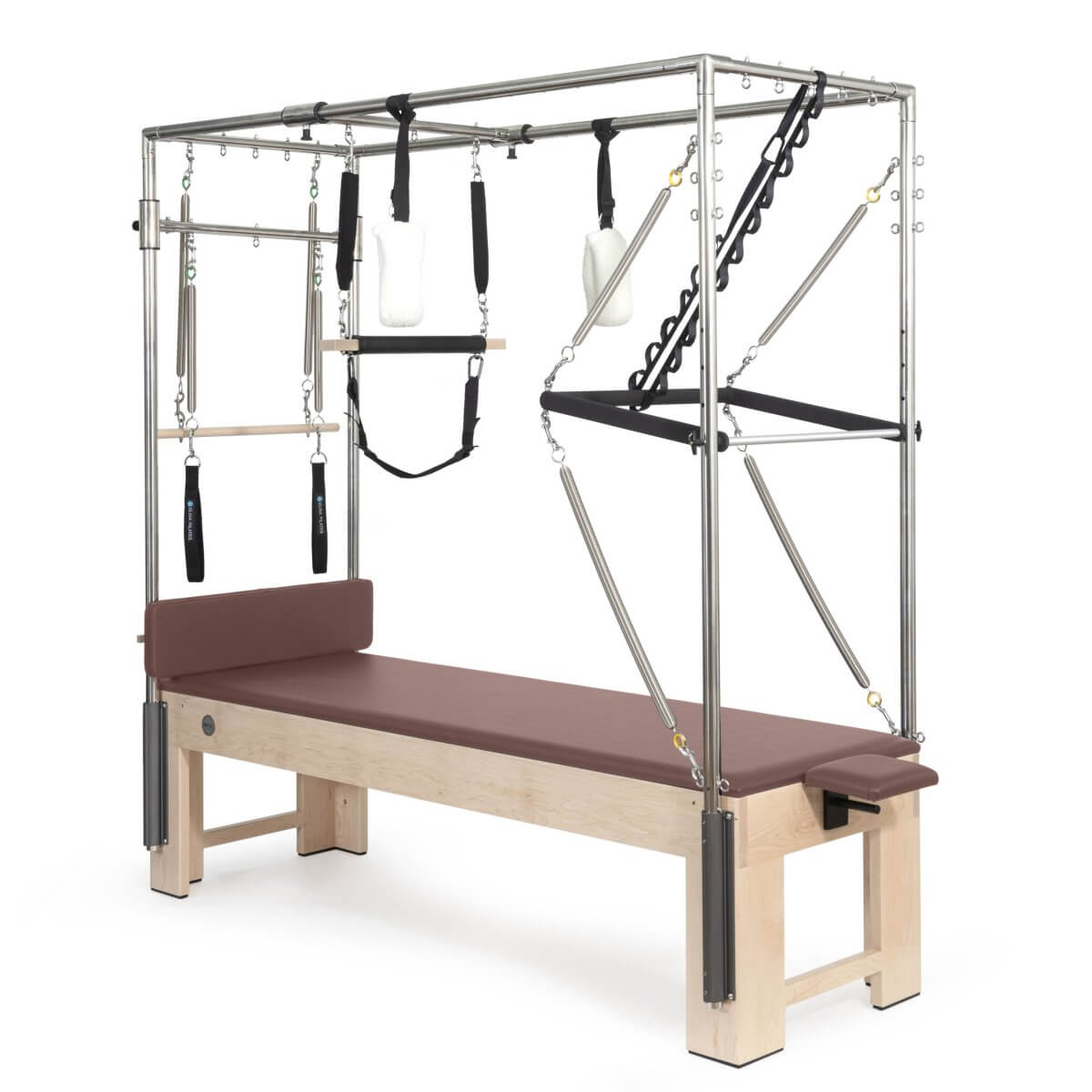 Elina Pilates Wooden Cadillac with burgundy upholstery and trapeze frame, angled view