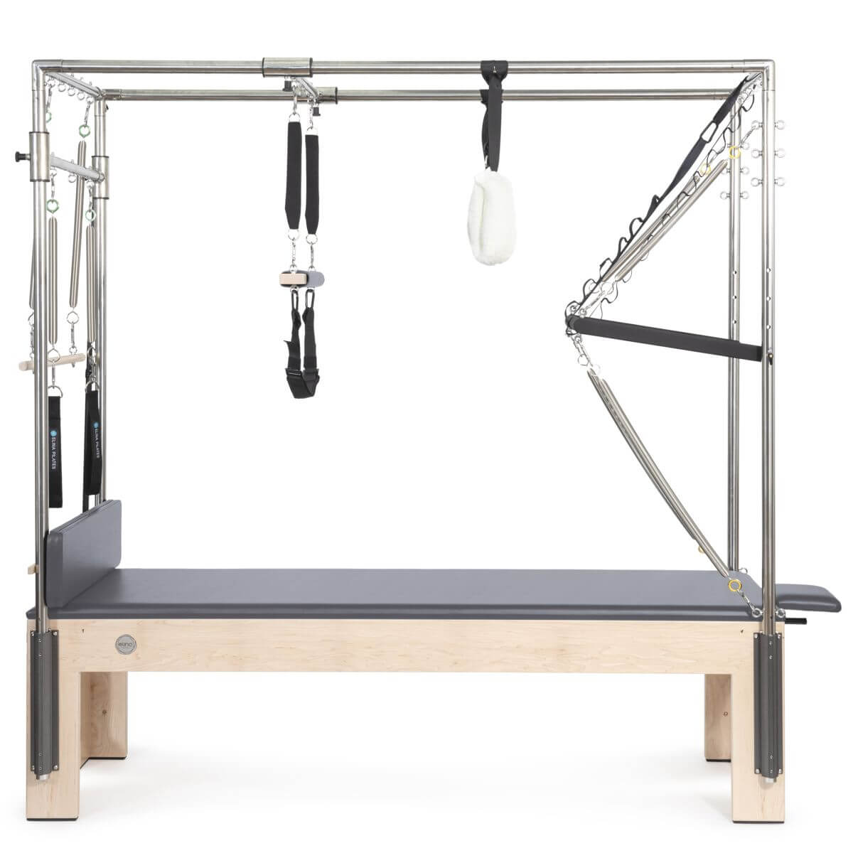 Elina Pilates Wooden Cadillac with slate grey upholstery, side view of the trapeze frame