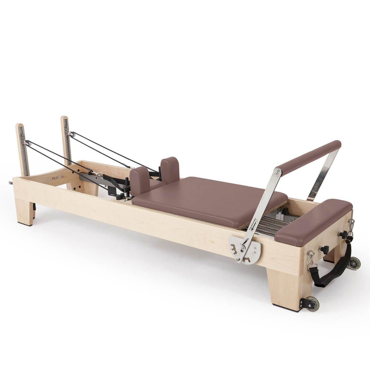 Elina Pilates Elite Reformer in brown upholstery, angled view on a white background