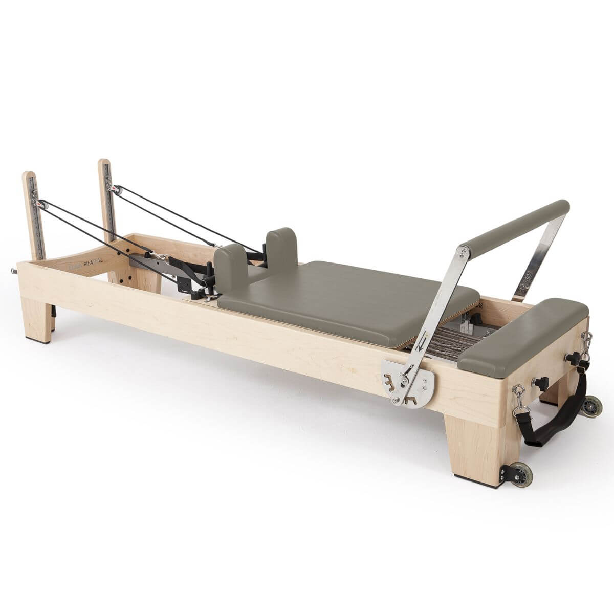 Elina Pilates Elite Reformer in olive green upholstery, angled view on a white background