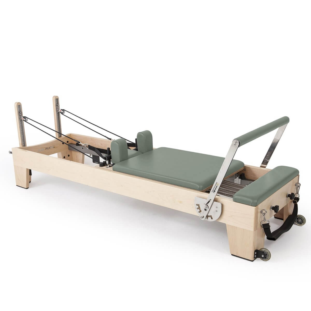 Elina Pilates Elite Reformer in sage green upholstery, angled view on a white background