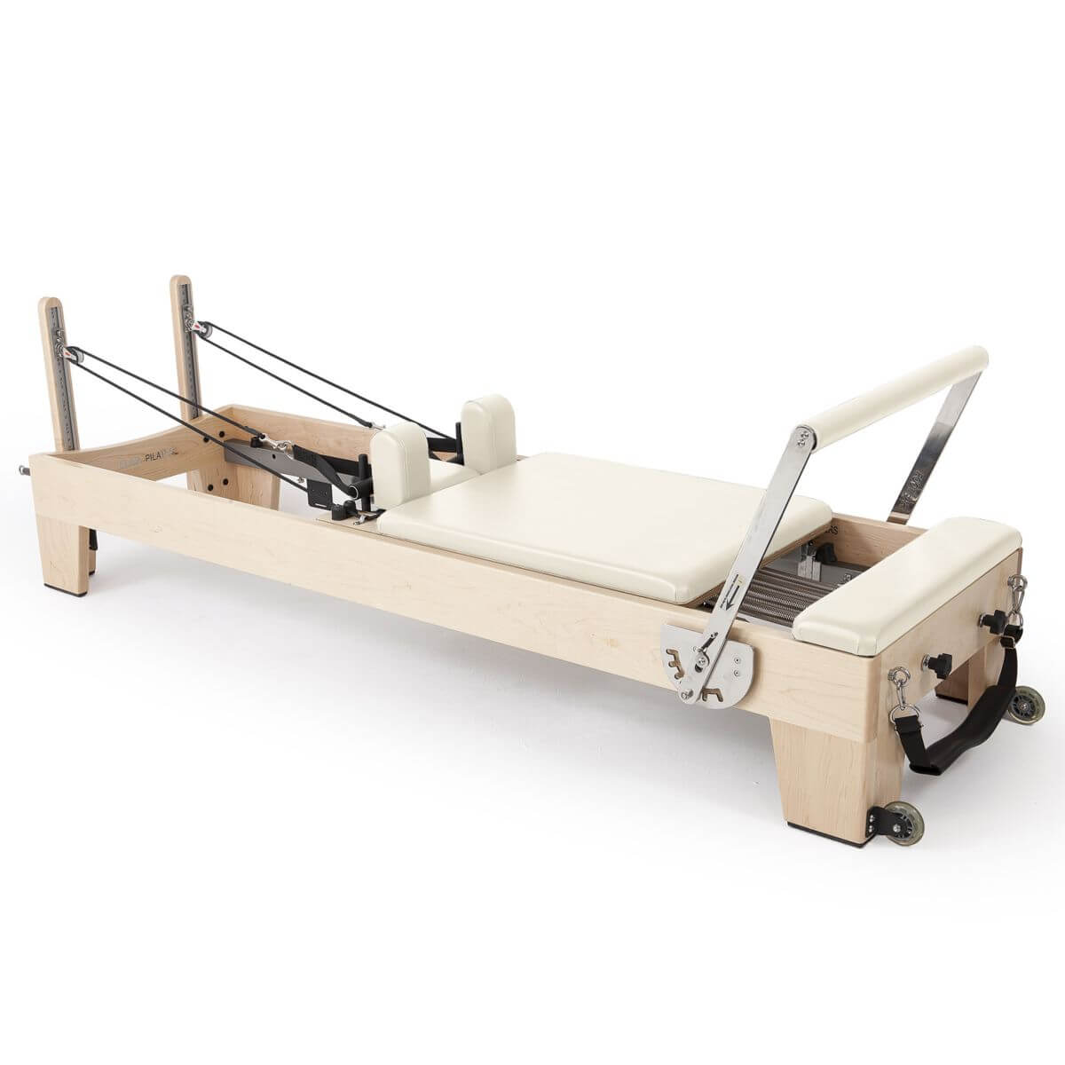 Elina Pilates Elite Reformer in cream upholstery, angled view on a white background