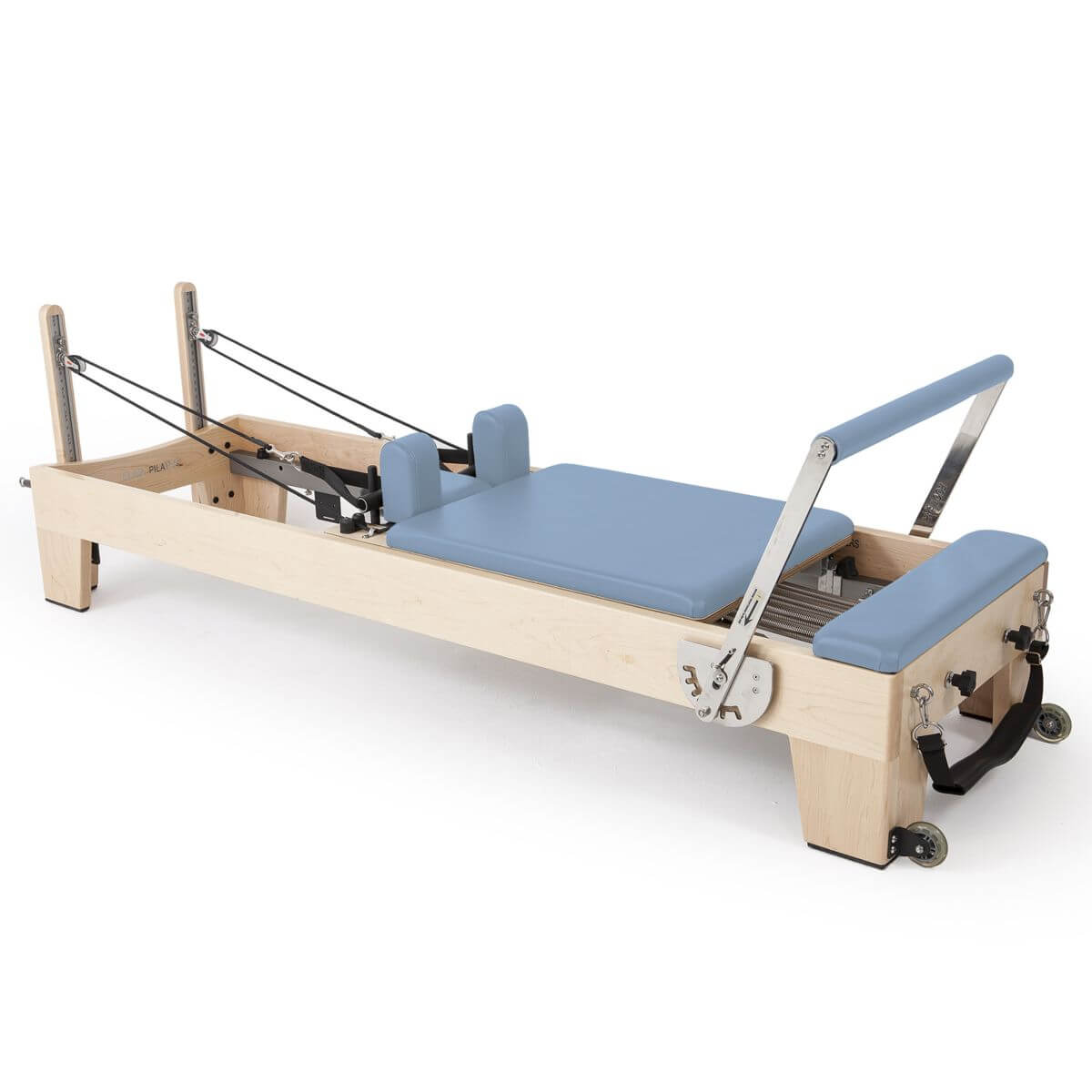 Elina Pilates Elite Reformer in light blue upholstery, angled view on a white background