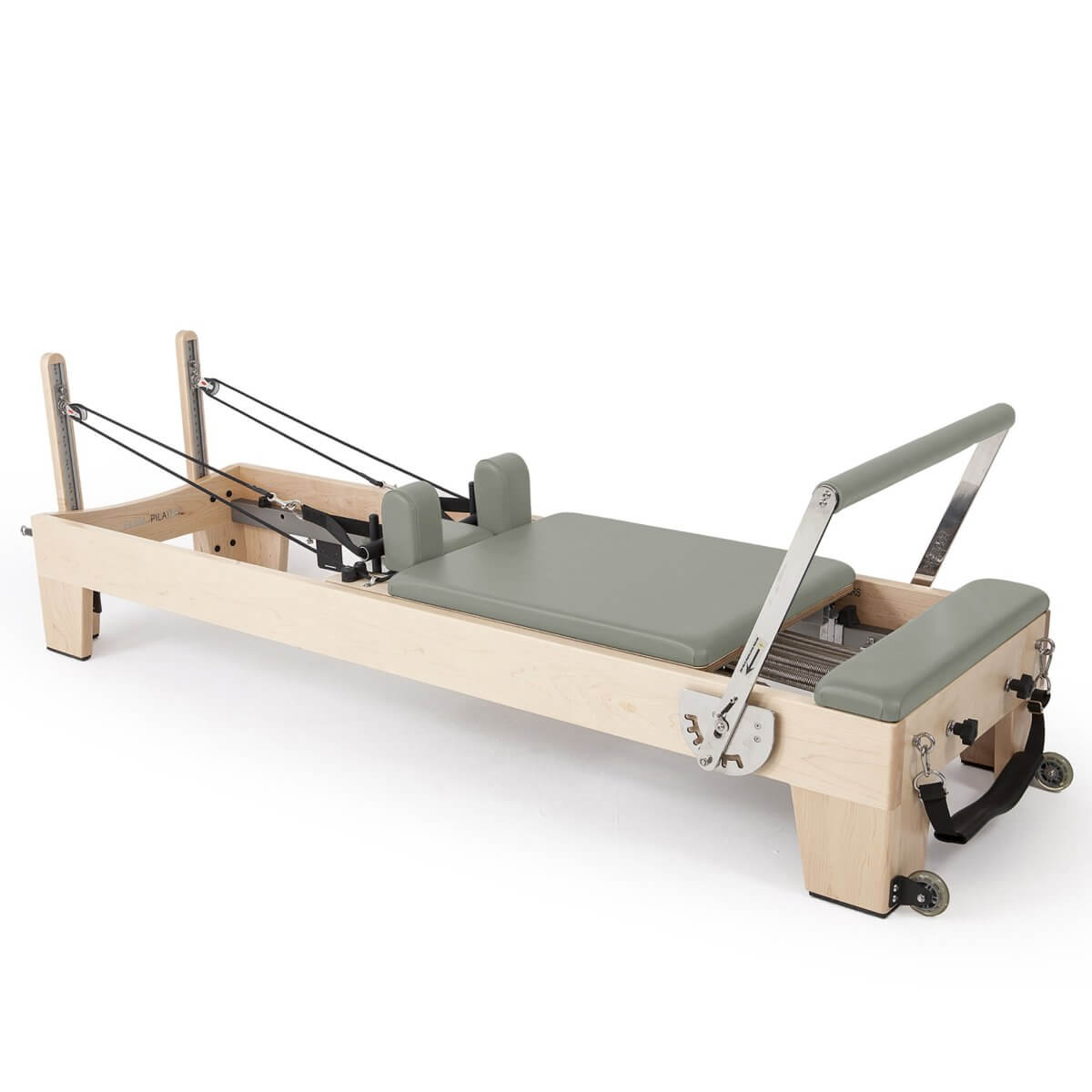 Elina Pilates Elite Reformer in grey-green upholstery, angled view on a white background