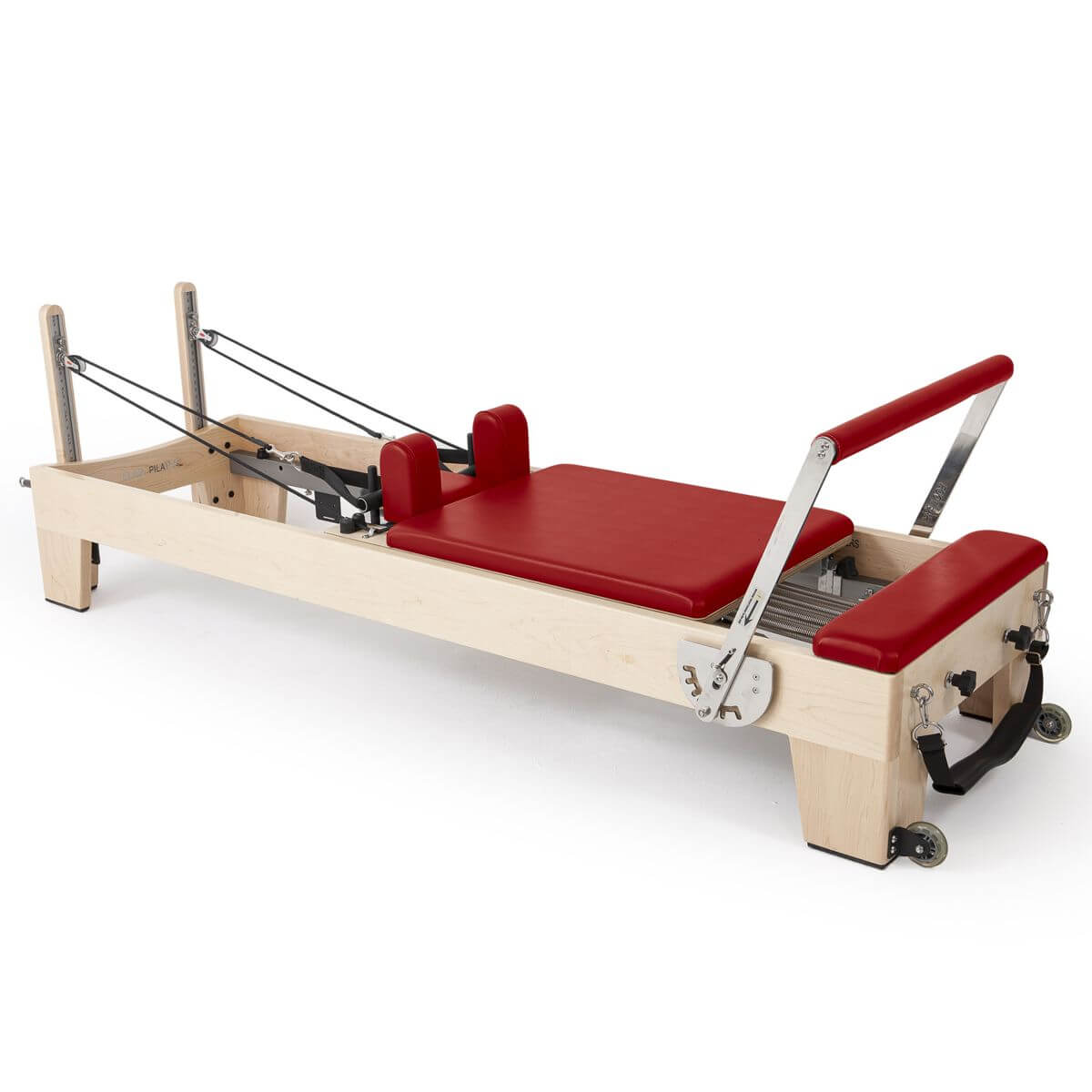 Elina Pilates Elite Reformer in red upholstery, angled view on a white background