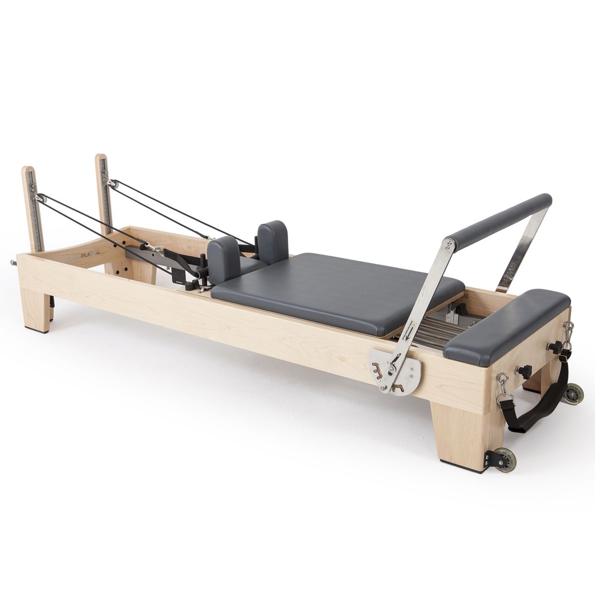Elina Pilates Elite Reformer in charcoal grey upholstery, angled view on a white background