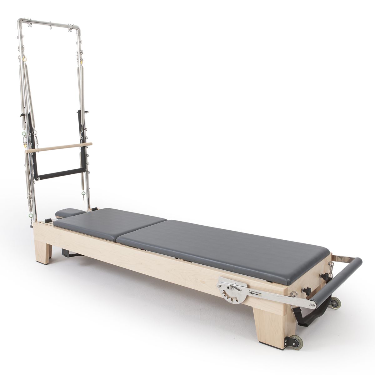 Elina Pilates Elite Reformer with tower frame and grey upholstery, angled view