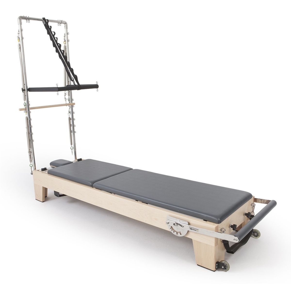Elina Pilates Elite Reformer with half trapeze tower and grey upholstery, angled view
